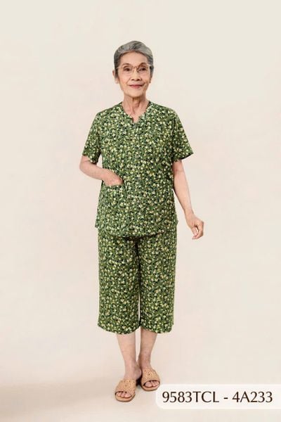 9583TCL -  Đồ bộ bông cho bà mặc nhà Thành Duyên chất liệu Thun cao cấp, cổ tàu, tay ngắn, quần lửng (2025)