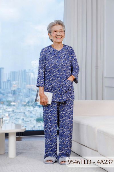9546TLD(4A) Đồ bộ bông cho bà mặc nhà Thành Duyên chất liệu Thun cao cấp, cổ tròn, tay lỡ, quần dài (04-2024)