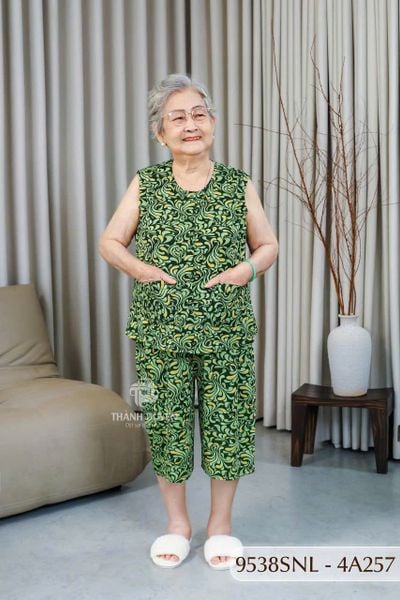 Đồ bộ thun  cho bà mặc nhà Thành Duyên cổ tròn, tay sát nách, quần lửng- 9538SNL (6-24)