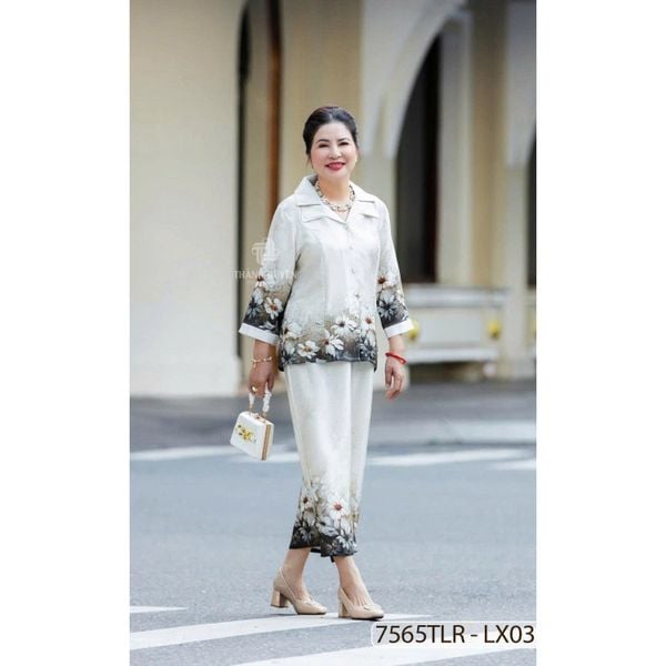 7565TLR- Đồ bộ Lụa nữ trung niên mặc nhà Thành Duyên tay lỡ cỏ xếp ly, quần dài