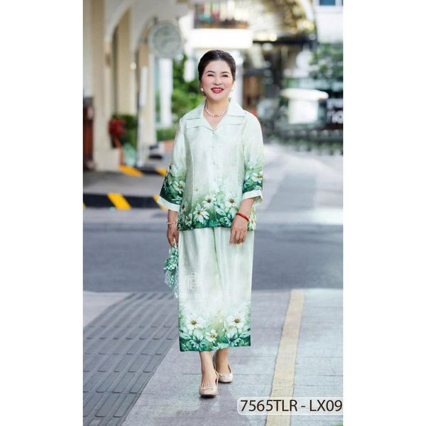 7565TLR- Đồ bộ Lụa nữ trung niên mặc nhà Thành Duyên tay lỡ cỏ xếp ly, quần dài