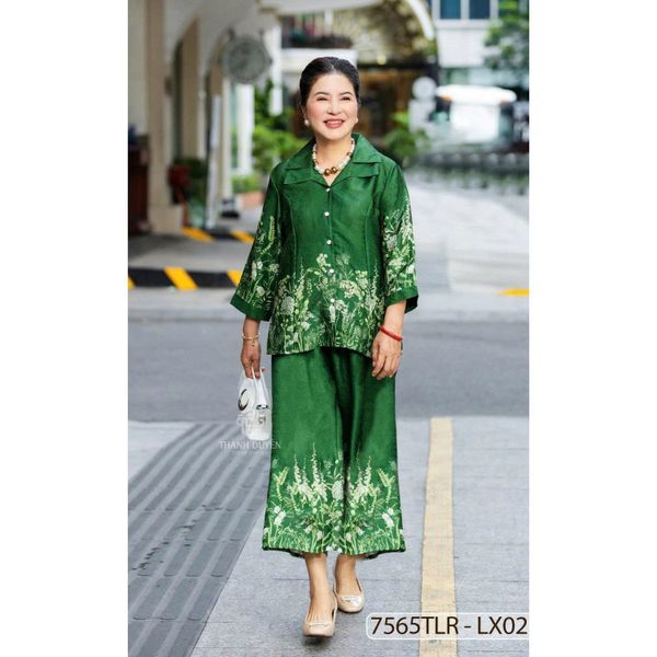 7565TLR- Đồ bộ Lụa nữ trung niên mặc nhà Thành Duyên tay lỡ cỏ xếp ly, quần dài