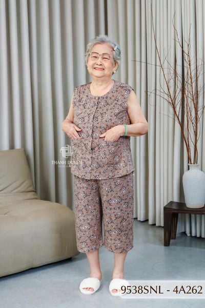 Đồ bộ thun  cho bà mặc nhà Thành Duyên cổ tròn, tay sát nách, quần lửng- 9538SNL (6-24)