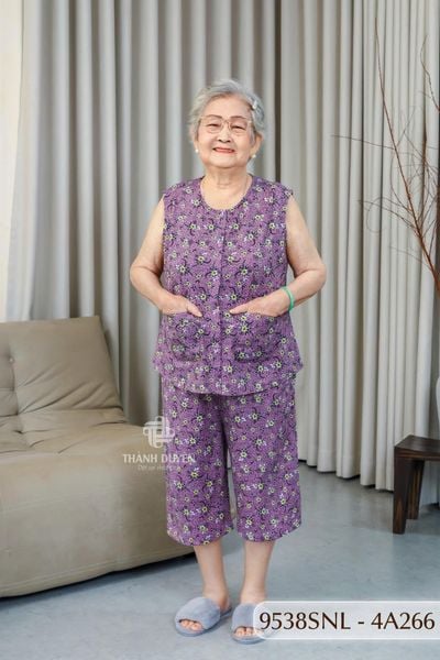 Đồ bộ thun  cho bà mặc nhà Thành Duyên cổ tròn, tay sát nách, quần lửng- 9538SNL (6-24)