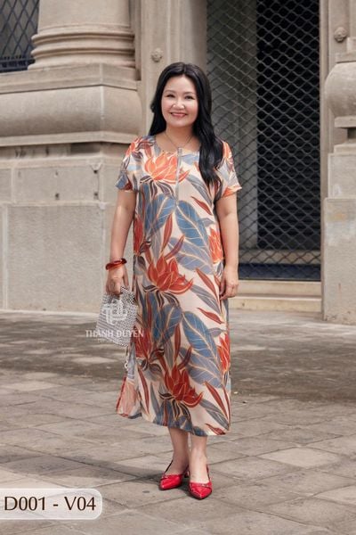 D001- Đâm Voan Tơ Tằm nữ Trung niên Thành Duyên bông, tay con,  xẻ tà, thoáng mát