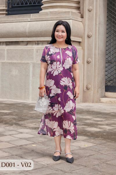 D001- Đâm Voan Tơ Tằm nữ Trung niên Thành Duyên bông, tay con,  xẻ tà, thoáng mát