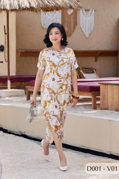 D001- Đâm Voan Tơ Tằm nữ Trung niên Thành Duyên bông, tay con,  xẻ tà, thoáng mát