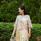 D105-V31- Đâm Voan Tơ Tằm Trung niên Thành Duyên họa tiết cách điệu con cá, tay lỡ, suông form A, mềm mại ,thoáng mát