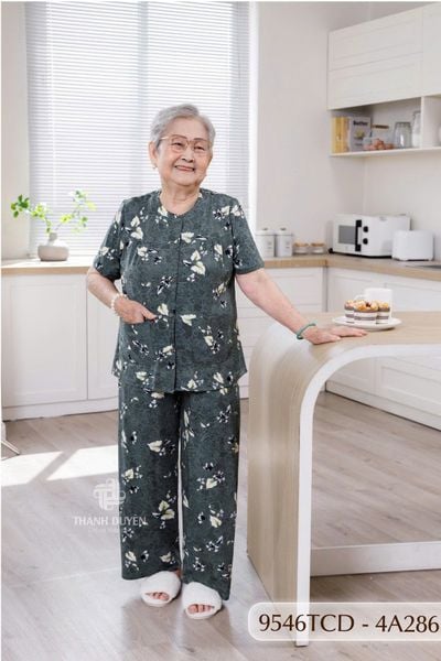 9546TCD -  Đồ bộ bông cho bà mặc nhà Thành Duyên chất liệu Thun cao cấp, cổ tròn, tay ngắn, quần dài (2025/1)