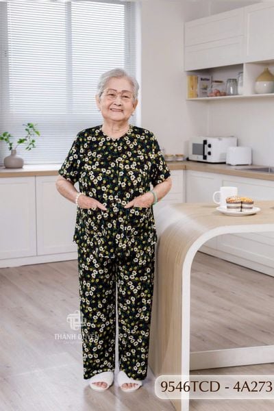 9546TCD -  Đồ bộ bông cho bà mặc nhà Thành Duyên chất liệu Thun cao cấp, cổ tròn, tay ngắn, quần dài (2025/1)