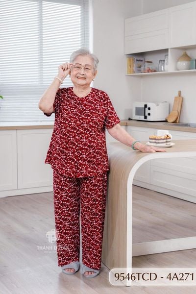 9546TCD -  Đồ bộ bông cho bà mặc nhà Thành Duyên chất liệu Thun cao cấp, cổ tròn, tay ngắn, quần dài (2025/1)