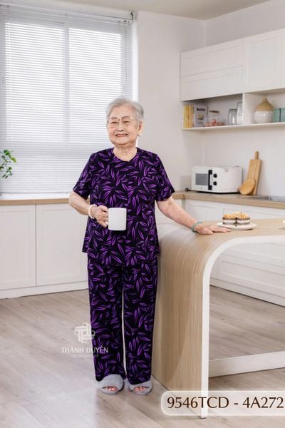 9546TCD -  Đồ bộ bông cho bà mặc nhà Thành Duyên chất liệu Thun cao cấp, cổ tròn, tay ngắn, quần dài (2025/1)