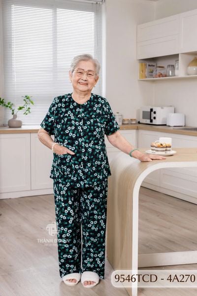 9546TCD -  Đồ bộ bông cho bà mặc nhà Thành Duyên chất liệu Thun cao cấp, cổ tròn, tay ngắn, quần dài (2025/1)