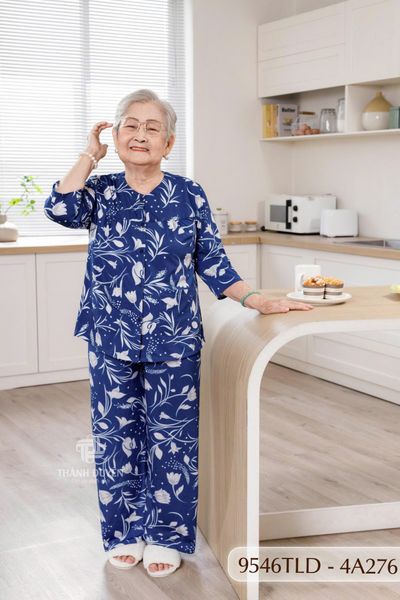 9546TLD(4A) Đồ bộ bông cho bà mặc nhà Thành Duyên chất liệu Thun cao cấp, cổ tròn, tay lỡ, quần dài (04-2024)