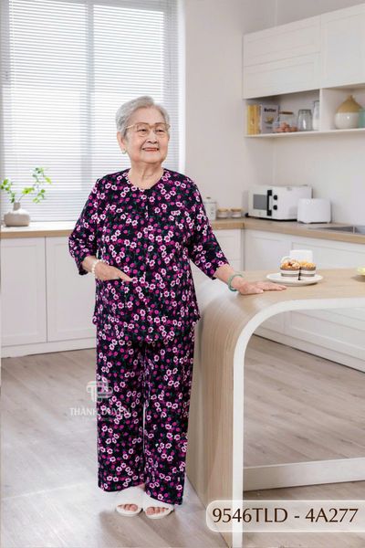 9546TLD(4A) Đồ bộ bông cho bà mặc nhà Thành Duyên chất liệu Thun cao cấp, cổ tròn, tay lỡ, quần dài (04-2024)