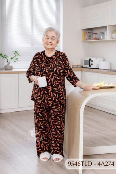 9546TLD(4A) Đồ bộ bông cho bà mặc nhà Thành Duyên chất liệu Thun cao cấp, cổ tròn, tay lỡ, quần dài (04-2024)