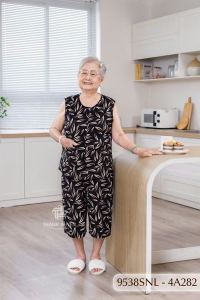 Đồ bộ thun  cho bà mặc nhà Thành Duyên cổ tròn, tay sát nách, quần lửng- 9538SNL (6-24)