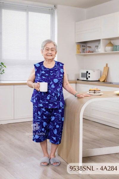 Đồ bộ thun  cho bà mặc nhà Thành Duyên cổ tròn, tay sát nách, quần lửng- 9538SNL (6-24)