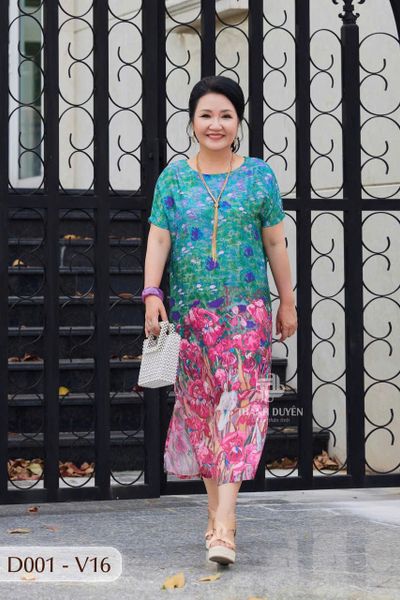 D001- Đâm Voan Tơ Tằm nữ Trung niên Thành Duyên bông, tay con,  xẻ tà, thoáng mát