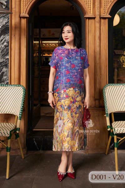 D001- Đâm Voan Tơ Tằm nữ Trung niên Thành Duyên bông, tay con,  xẻ tà, thoáng mát