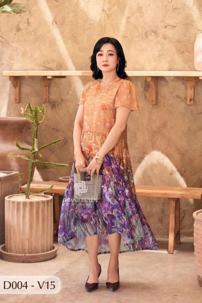 D004- Đâm Voan Tơ Tằm nữ Trung niên Thành Duyên bông, tayngắn , form xòe , thoáng mát