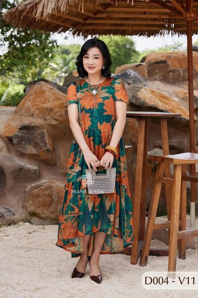 D004- Đâm Voan Tơ Tằm nữ Trung niên Thành Duyên bông, tayngắn , form xòe , thoáng mát