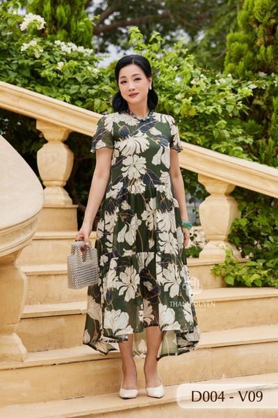D004- Đâm Voan Tơ Tằm nữ Trung niên Thành Duyên bông, tayngắn , form xòe , thoáng mát