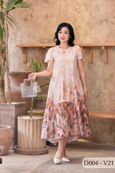 D004- Đâm Voan Tơ Tằm nữ Trung niên Thành Duyên bông, tayngắn , form xòe , thoáng mát
