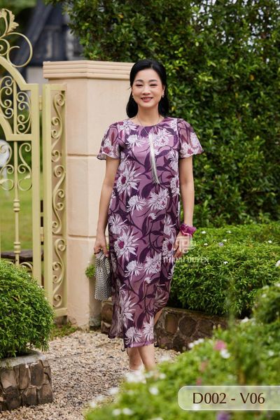 D002- Đâm Voan Tơ Tằm nữ Trung niên Thành Duyên bông, tay con, xẻ tà form suôn , thoáng mát