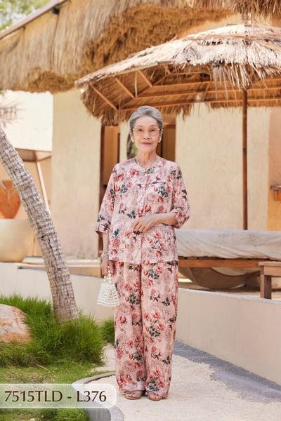 7515TLD - Đồ bộ bông cho bà mặc nhà Thành Duyên cổ tàu, tay lỡ, quần dài (5/3/2024)