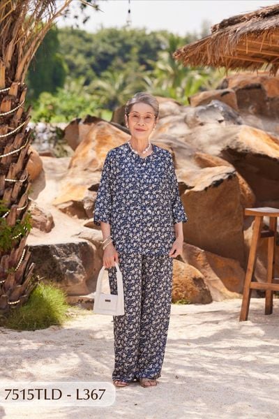 7515TLD - Đồ bộ bông cho bà mặc nhà Thành Duyên cổ tàu, tay lỡ, quần dài (5/3/2024)