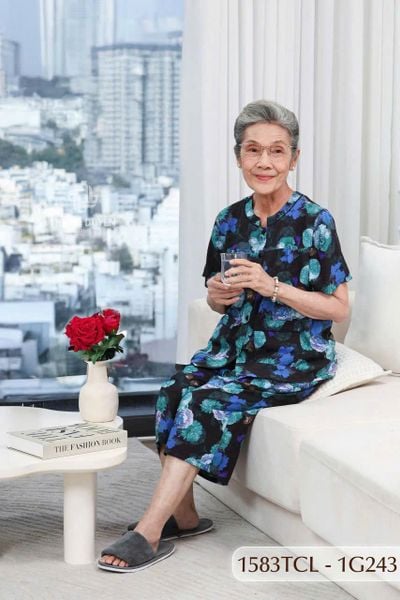 1583TCL(F) Đồ bộ Tole cho bà mặc nhà Thành Duyên, cổ tròn, tay ngắn, quần lửng, không rút, thoáng mát(06-23)