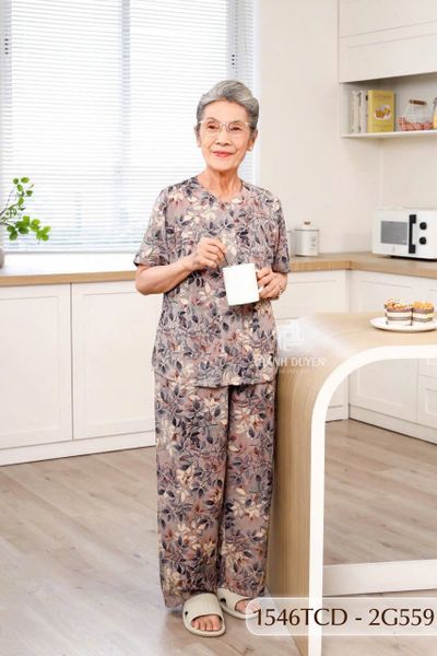 1546TCD(j) Đồ bộ bông cho bà mặc nhà Thành Duyên cổ tròn, tay ngắn, quần dài