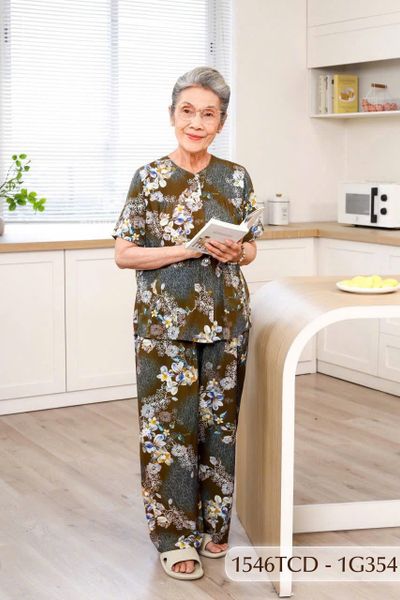 1546TCD(j) Đồ bộ bông cho bà mặc nhà Thành Duyên cổ tròn, tay ngắn, quần dài