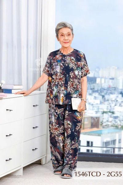 1546TCD(j) Đồ bộ bông cho bà mặc nhà Thành Duyên cổ tròn, tay ngắn, quần dài