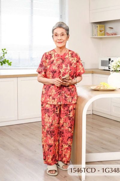 1546TCD(j) Đồ bộ bông cho bà mặc nhà Thành Duyên cổ tròn, tay ngắn, quần dài