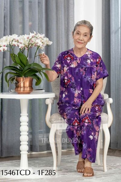 1546TCD(j) Đồ bộ bông cho bà mặc nhà Thành Duyên cổ tròn, tay ngắn, quần dài