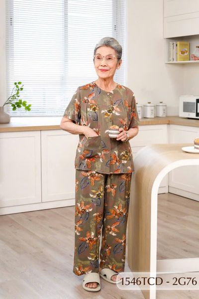 1546TCD(j) Đồ bộ bông cho bà mặc nhà Thành Duyên cổ tròn, tay ngắn, quần dài