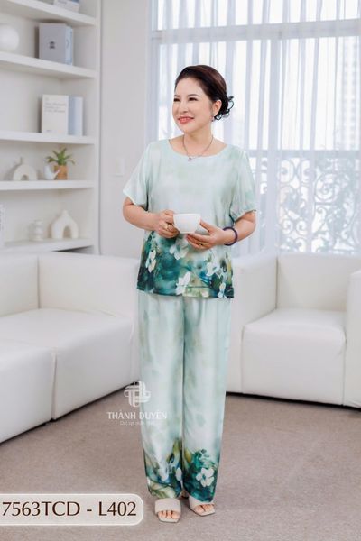 7563TCD- Đồ bộ Lụa nữ trung niên mặc nhà Thành Duyên tay con, quần dài