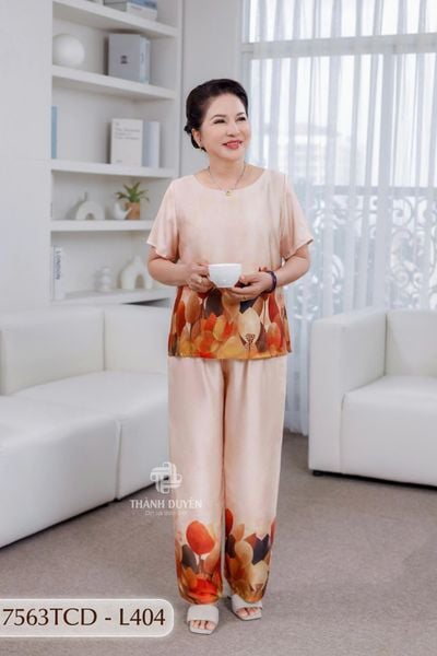 7563TCD- Đồ bộ Lụa nữ trung niên mặc nhà Thành Duyên tay con, quần dài