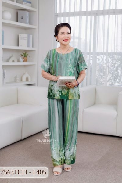 7563TCD- Đồ bộ Lụa nữ trung niên mặc nhà Thành Duyên tay con, quần dài