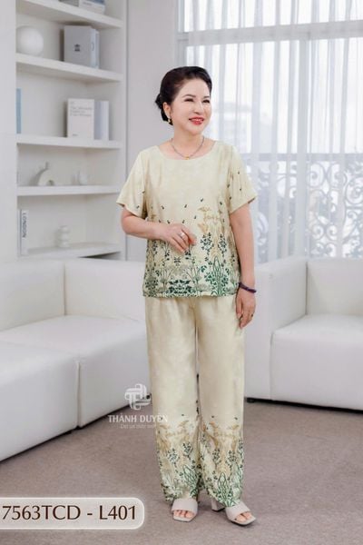 7563TCD- Đồ bộ Lụa nữ trung niên mặc nhà Thành Duyên tay con, quần dài