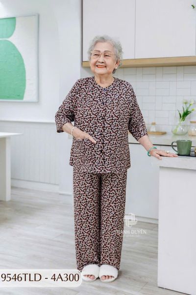9546TLD(4A) Đồ bộ bông cho bà mặc nhà Thành Duyên chất liệu Thun cao cấp, cổ tròn, tay lỡ, quần dài (04-2024)