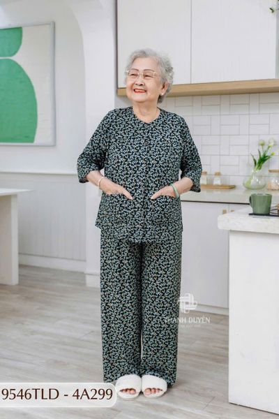 9546TLD(4A) Đồ bộ bông cho bà mặc nhà Thành Duyên chất liệu Thun cao cấp, cổ tròn, tay lỡ, quần dài (04-2024)