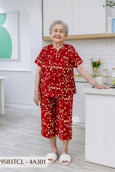 9583TCL -  Đồ bộ bông cho bà mặc nhà Thành Duyên chất liệu Thun cao cấp, cổ tàu, tay ngắn, quần lửng(4G)