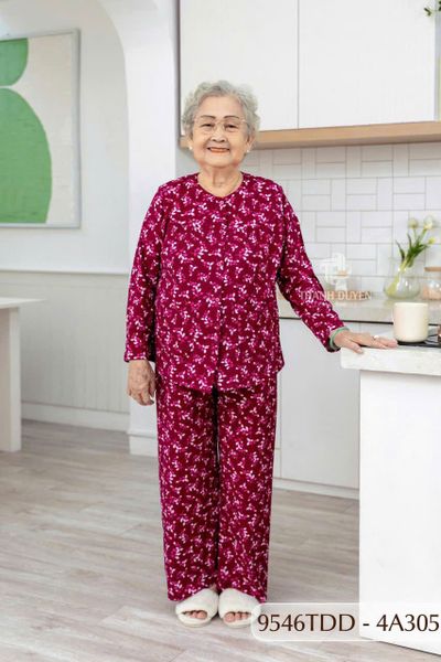 9546TDD Đồ bộ bông cho bà mặc nhà Thành Duyên chất liệu Thun cao cấp, cổ tròn, tay dài, quần dài (07-2024)