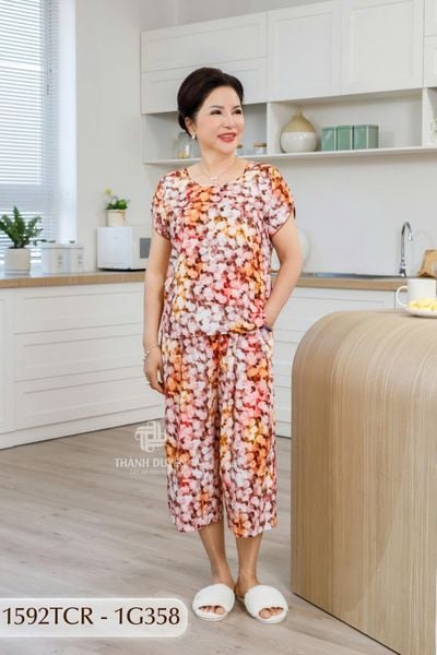 1592TCR - Đồ bộ Tole nữ trung niên mặc nhà Thành Duyên sọc, quần ống rộng, tay con, thoáng mát, không rút(NN)