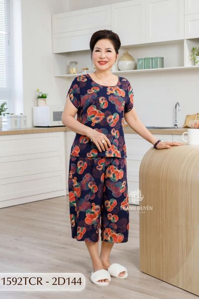 1592TCR - Đồ bộ Tole nữ trung niên mặc nhà Thành Duyên sọc, quần ống rộng, tay con, thoáng mát, không rút(NN)