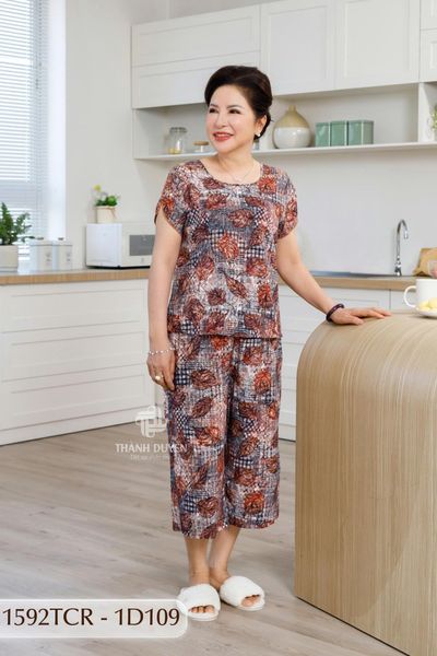 1592TCR - Đồ bộ Tole nữ trung niên mặc nhà Thành Duyên sọc, quần ống rộng, tay con, thoáng mát, không rút(NN)