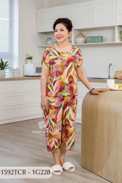 1592TCR - Đồ bộ Tole nữ trung niên mặc nhà Thành Duyên sọc, quần ống rộng, tay con, thoáng mát, không rút(NN)